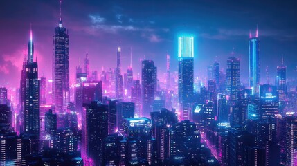 Fototapeta premium Futuristic cityscape with bright neon lights and modern skyscrapers against a dark night sky. Cyberpunk-themed panoramic view of the urban environment.