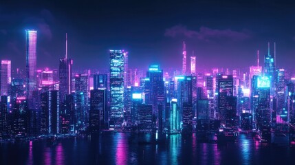 Futuristic cityscape with bright neon lights and modern skyscrapers against a dark night sky. Cyberpunk-themed panoramic view of the urban environment.
