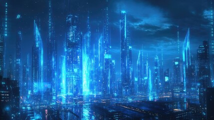 Futuristic cityscape with neon blue glow and dynamic binary code. Symbolizing advanced technology, data flow, and digital progress.