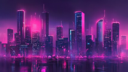 Futuristic cyberpunk city panorama with towering buildings and glowing neon lights. Digital art.