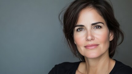 A Brazilian model with an elegant expression poses gracefully against a neutral backdrop