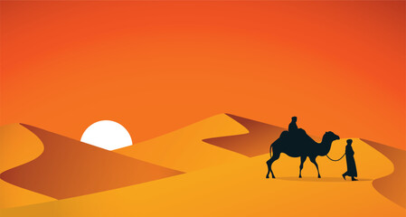 Silhouette of the Camel Trader crossing the sand dune during sunset. Silhouette illustration of riding a Camel during sunset, desert, rajasthan, morocco, dunes, thar

