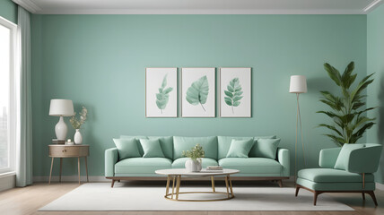 Modern minimal mockup and decoration furniture of a drawing room and mint color wall texture background, 3D rendering
