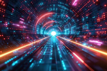 Obraz premium A vibrant digital tunnel showcasing neon lights and dynamic patterns, representing speed, technology, and futuristic concepts.