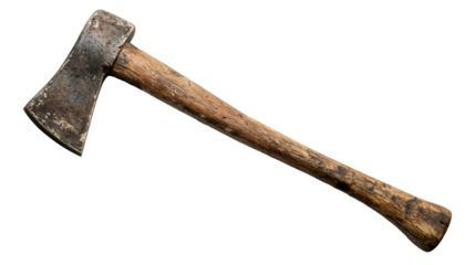 Old carpentry axe with wooden handle on white background