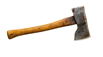 Old carpentry axe with a wooden handle on white background