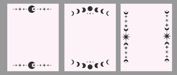 Set of vertical poster mystic magic moon line. Crescent black moons and stars dividers. Background with astrology ornament.