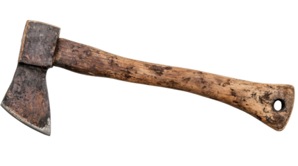 Old carpentry axe with a wooden handle isolated  on a white background