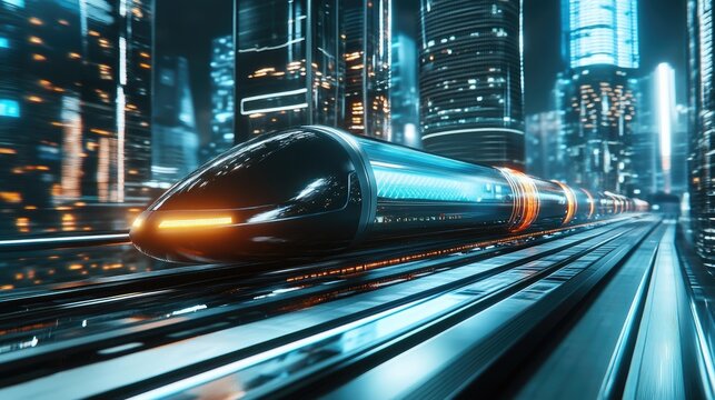 Futuristic hyperloop speeding through a city with blurred lights from buildings at night. 3D rendering emphasizes next-gen technology and urban design.