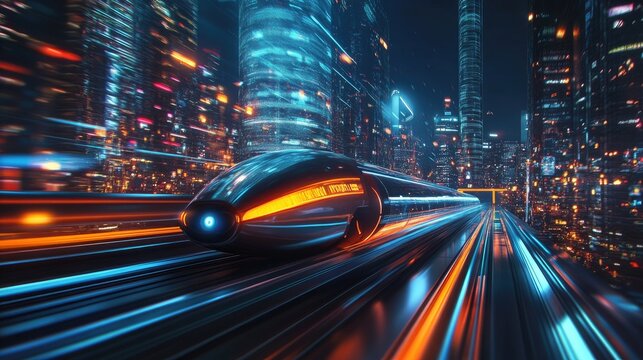 Futuristic hyperloop speeding through a mega city at night with blurred lights from skyscrapers. 3D illustration of next-gen transport and tech.