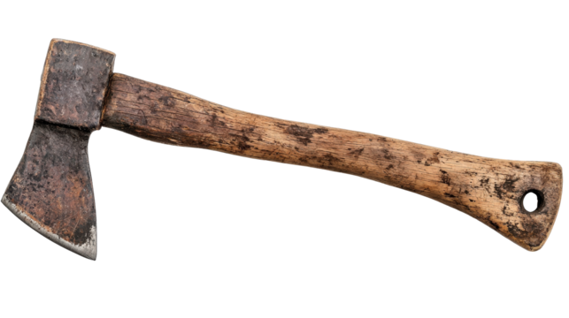 Old carpentry axe with a wooden handle isolated  on a white background