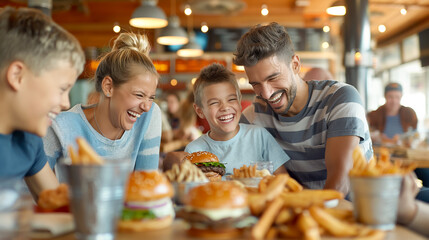 A happy family shares a joyful moment over a casual meal, filled with laughter and delicious food