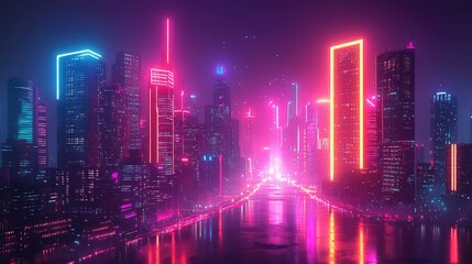 Futuristic night city illuminated by glowing neon lights against a colorful background. Wide city front perspective with cyberpunk and retro wave elements.