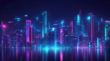 Futuristic night cityscape with glowing neon lights and modern skyscrapers. Dark background enhances the cyberpunk vibe and cityscape panorama.