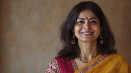 Fototapeta premium A stunning mid-aged woman showcases her beauty in traditional attire