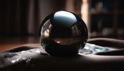 A glossy black obsidian sphere with a smooth, mirror-like surface, perfectly polished and resting, reflecting its surroundings with a deep, mysterious elegance.