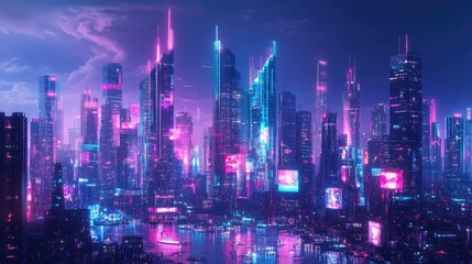 Fototapeta premium Futuristic urban skyline with glowing neon buildings and digital advertisements. Digital illustration.
