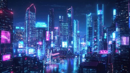 Obraz premium Futuristic urban skyline with glowing neon buildings and digital advertisements. Digital illustration.