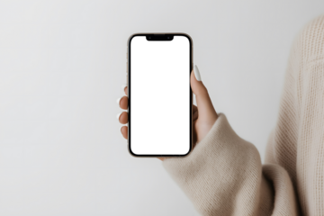 iPhone 15 Mockup in Woman's Hand: Light Case and White Manicured Nails