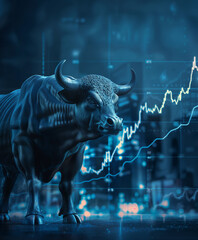 Bull with horns in front of financial charts and stocks