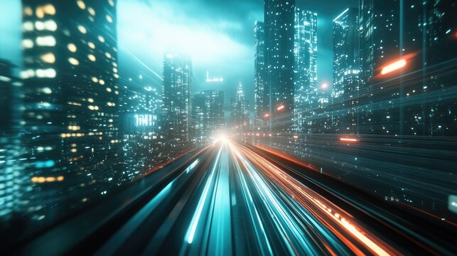 High-speed hyperloop in a nighttime cityscape with blurred lights from towering buildings. 3D rendering of futuristic transport technology.