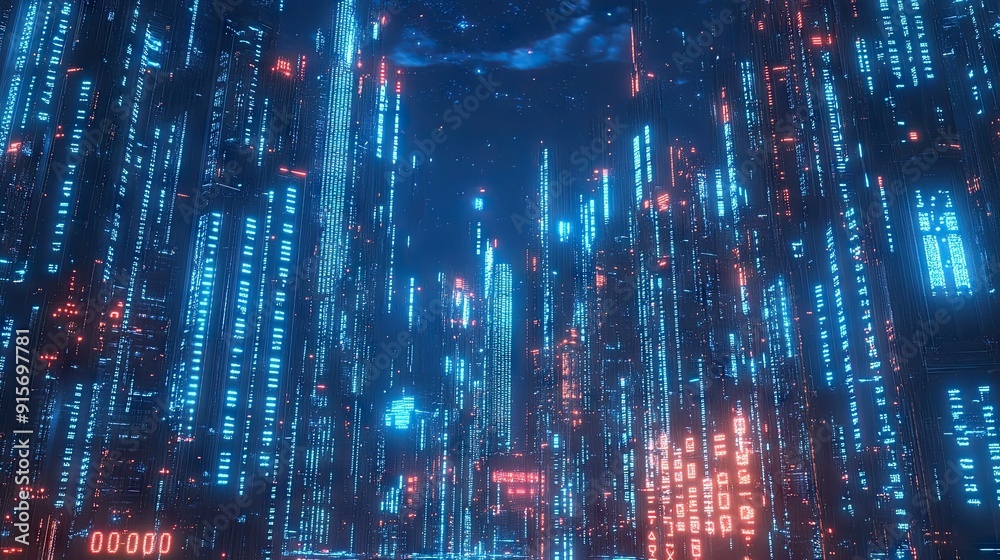 Poster high-tech cityscape featuring neon blue lighting and cascading binary code. represents cutting-edge 