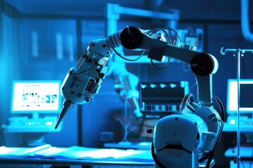 Futuristic robotic arm in high-tech surgery room setup