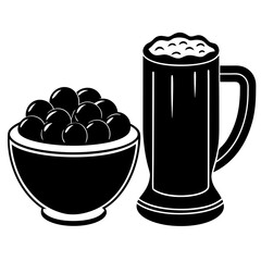 A beer mug with a bowl of olives on white background