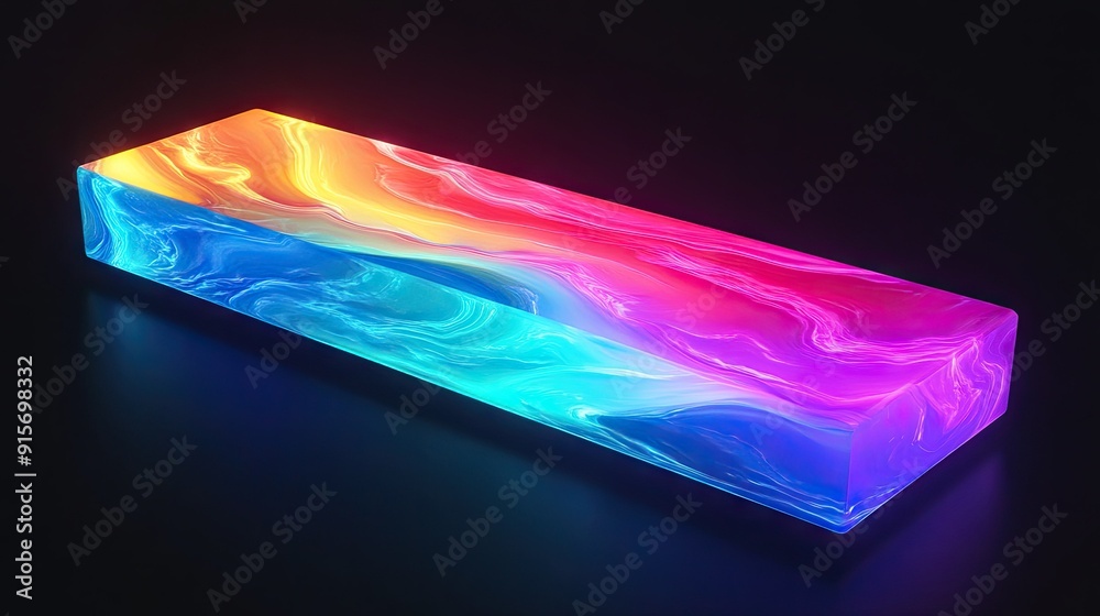 Poster illuminated abstract rectangular object with vibrant colors glowing on a black backdrop. -