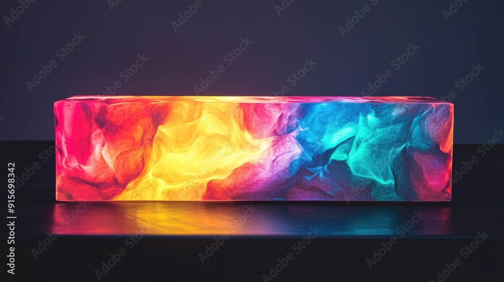 Poster illuminated abstract rectangular object with vibrant colors glowing on a black backdrop. -