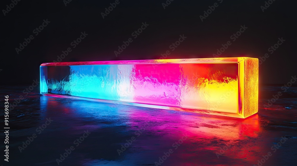 Poster illuminated abstract rectangular object with vibrant colors glowing on a black backdrop. -
