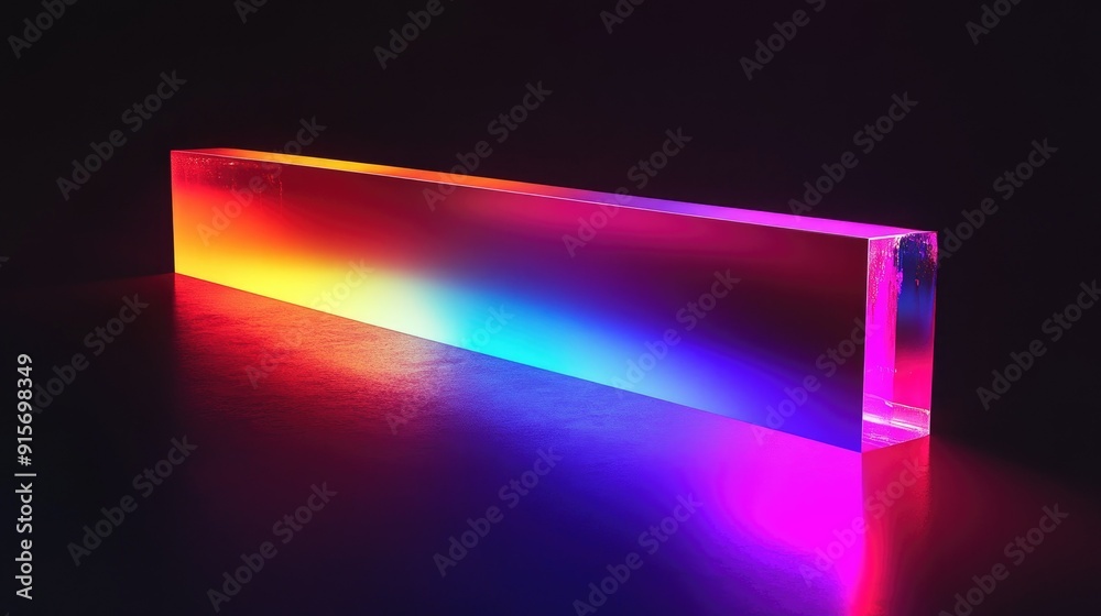 Poster illuminated abstract rectangular object with a spectrum of colors against a black background.