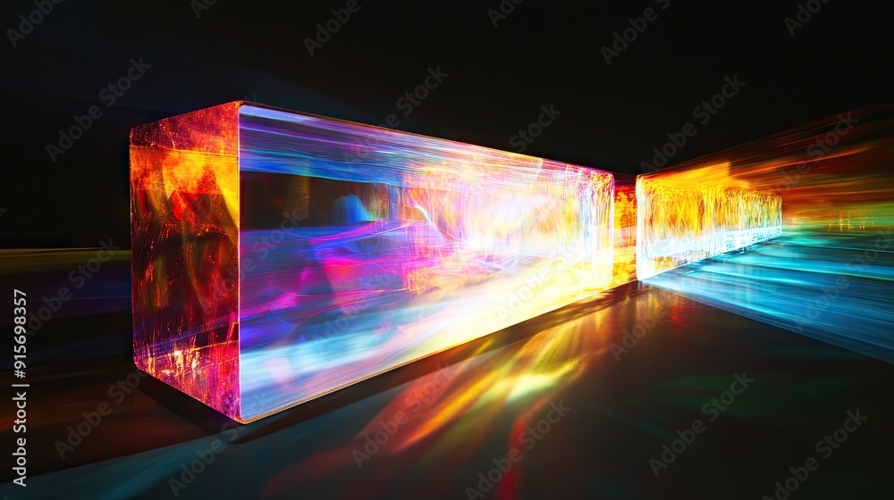 Poster illuminated abstract rectangular object with a spectrum of colors against a black background.