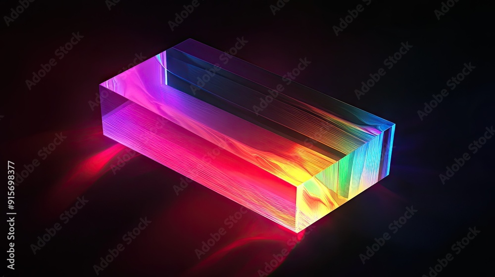 Poster illuminated abstract rectangular object with a spectrum of colors against a black background.