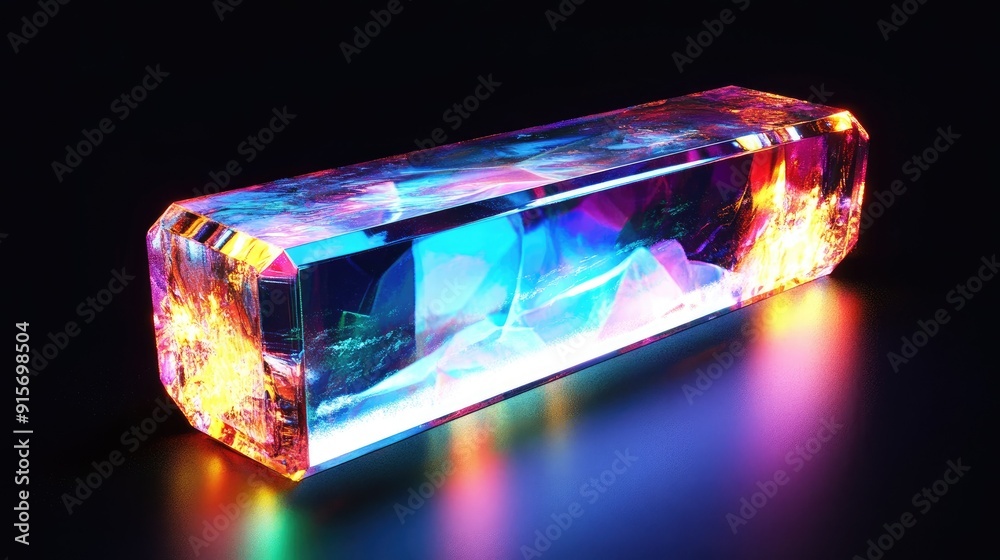 Poster illuminated multicolored abstract rectangular object glowing brightly against a black background.