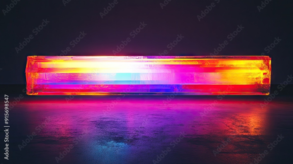 Poster illuminated multicolored rectangular object creating a vibrant abstract effect against a black backd