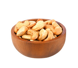Cashew nuts in wooden bowl on transparent png