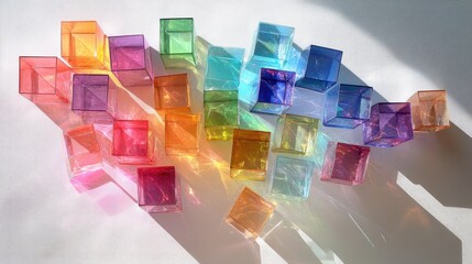 Light dispersed by dichroic glass cubes, creating a colorful and sparkling spectrum on textured white paper. -
