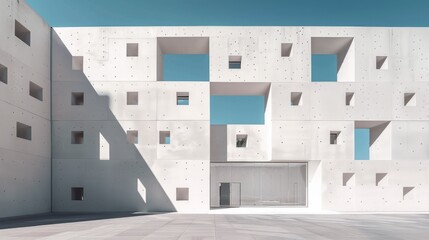 Minimalist white concrete building with geometric cutouts and shadows