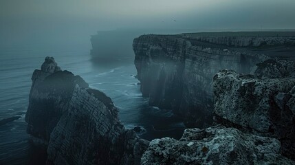 Dramatic cliffs overlooking a misty ocean at dawn.