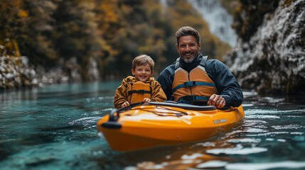A father and son, with happy expressions, kayak together on a clear, bright river.

