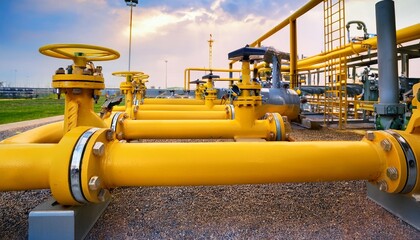 Yellow pipes and valves in gas plant. Gas plant concept with control system 