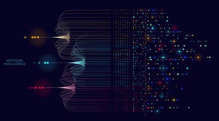 Illustration of abstract stream information with cyan line and dot. Big data, technology, AI, data transfer, data flow, large language model, generative ai © Krot_Studio