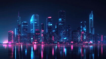 Obraz premium Modern city skyline at night featuring glowing neon lights and sleek buildings. Dark background with a futuristic, cyberpunk-inspired panorama.