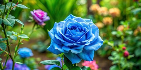 Delicate blue rose blooms amidst lush greenery in a serene rose garden, surrounded by vibrant bushes, exuding elegance and rarity, perfect for plant care enthusiasts.
