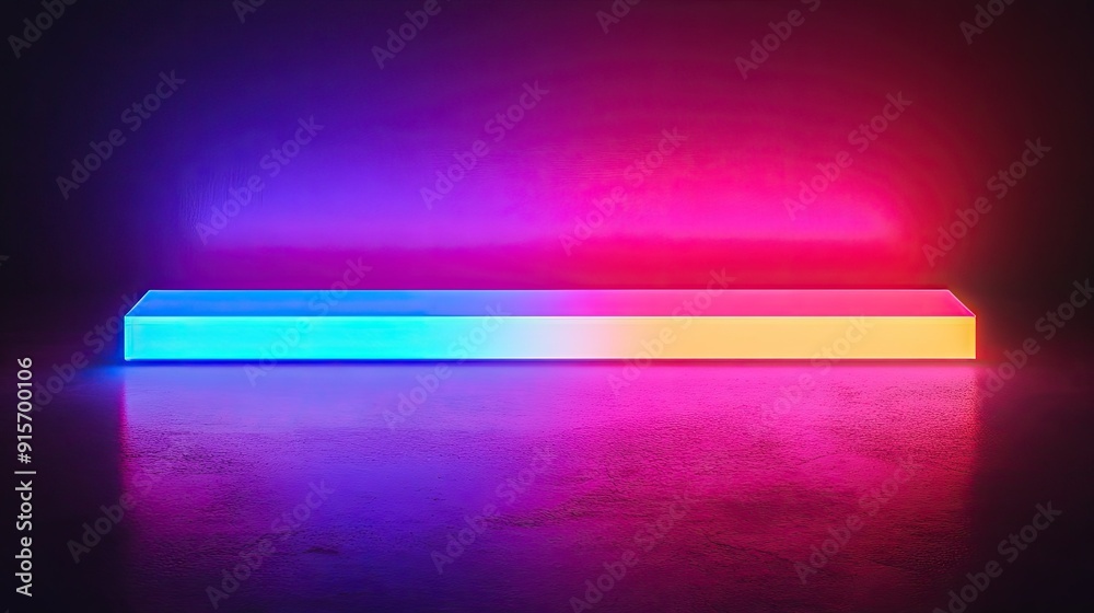 Poster multicolored neon rectangular object glowing brightly in the dark, creating an abstract effect.