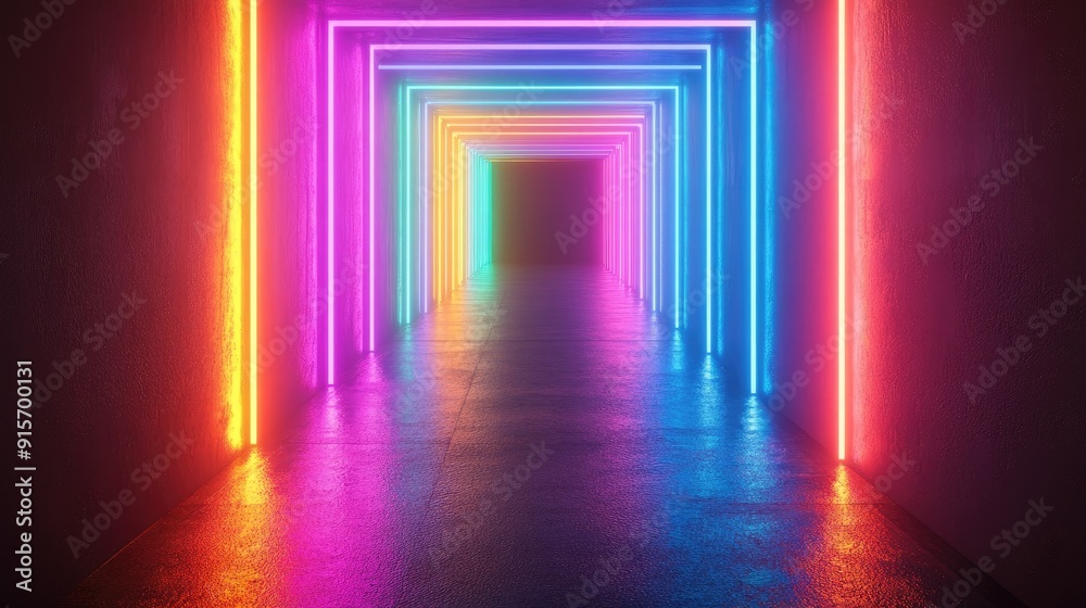 Poster multicolored neon rectangular object glowing brightly in the dark, creating an abstract effect.