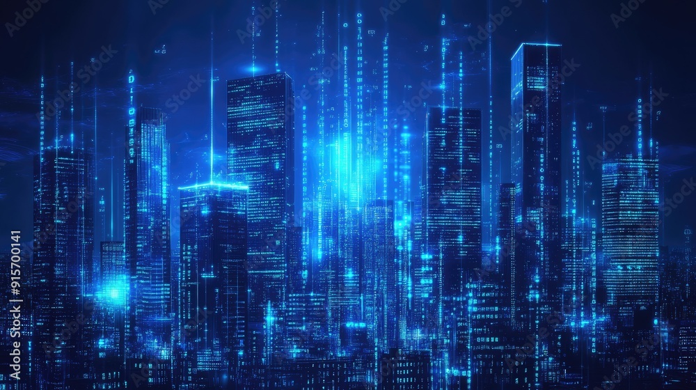 Poster neon blue city skyline with cascading binary code. high-tech concept of data flow and digital innova