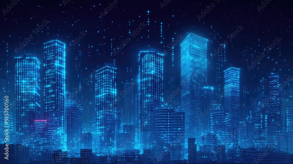 Poster neon blue city skyline with cascading binary code. high-tech concept of data flow and digital innova
