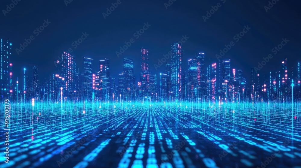 Poster neon blue city skyline with cascading binary code. high-tech concept of data flow and digital innova